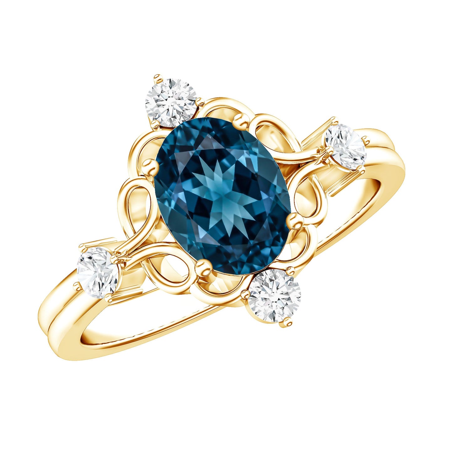 Art Deco Inspired Blue Topaz Oval Engagement Ring with Diamond