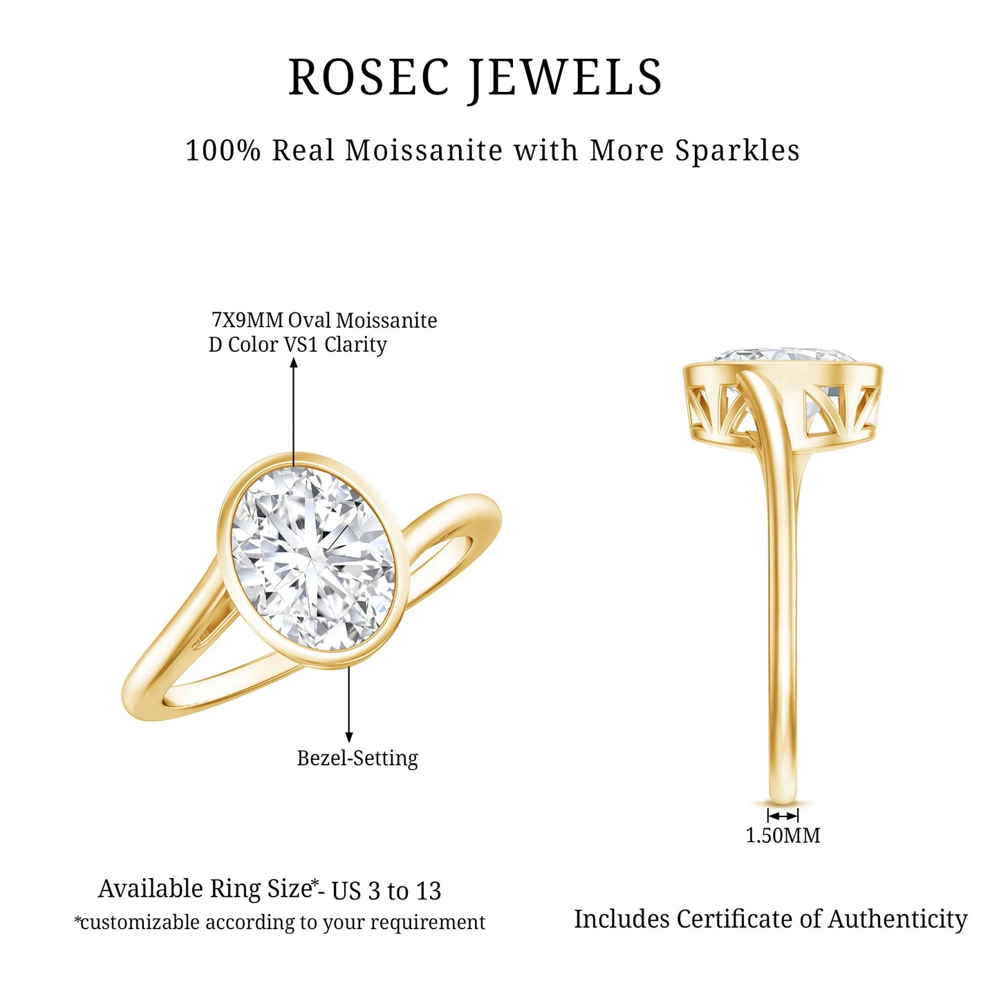Solitaire 2 Carat Moissanite Bezel Set Engagement Ring with Bypass Shank