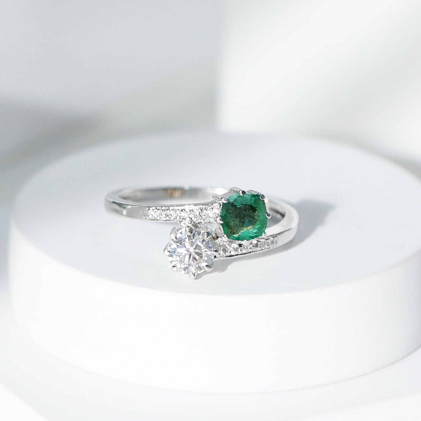Emerald and Moissanite Two Stone Engagement Ring in Bypass Shank