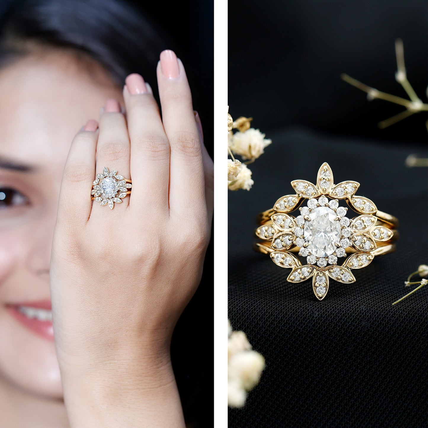 Vintage Inspired Moissanite Wedding Ring Set of 3