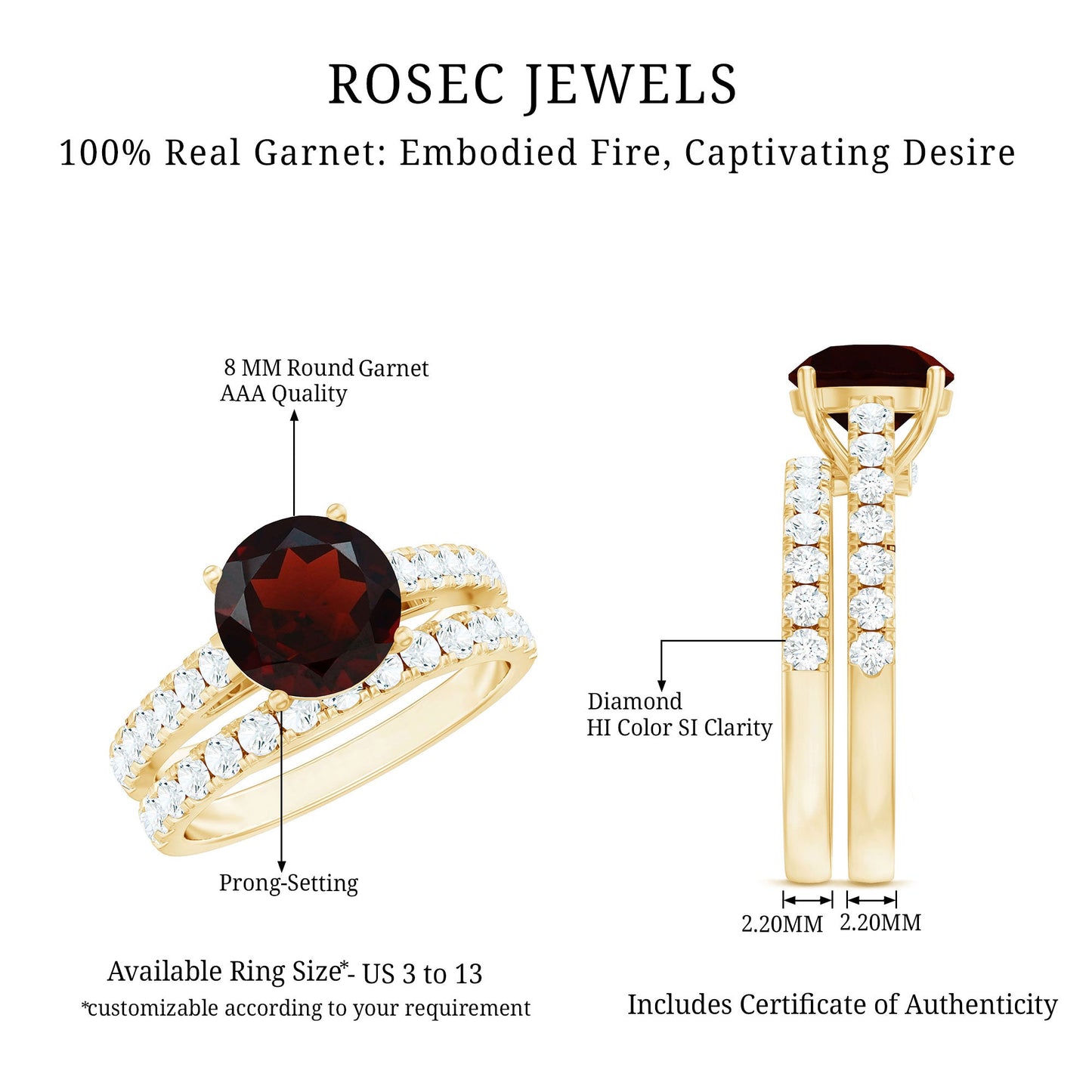 Natural 2.3 Carat Garnet Diamond Wedding Bridal Ring Set of 2