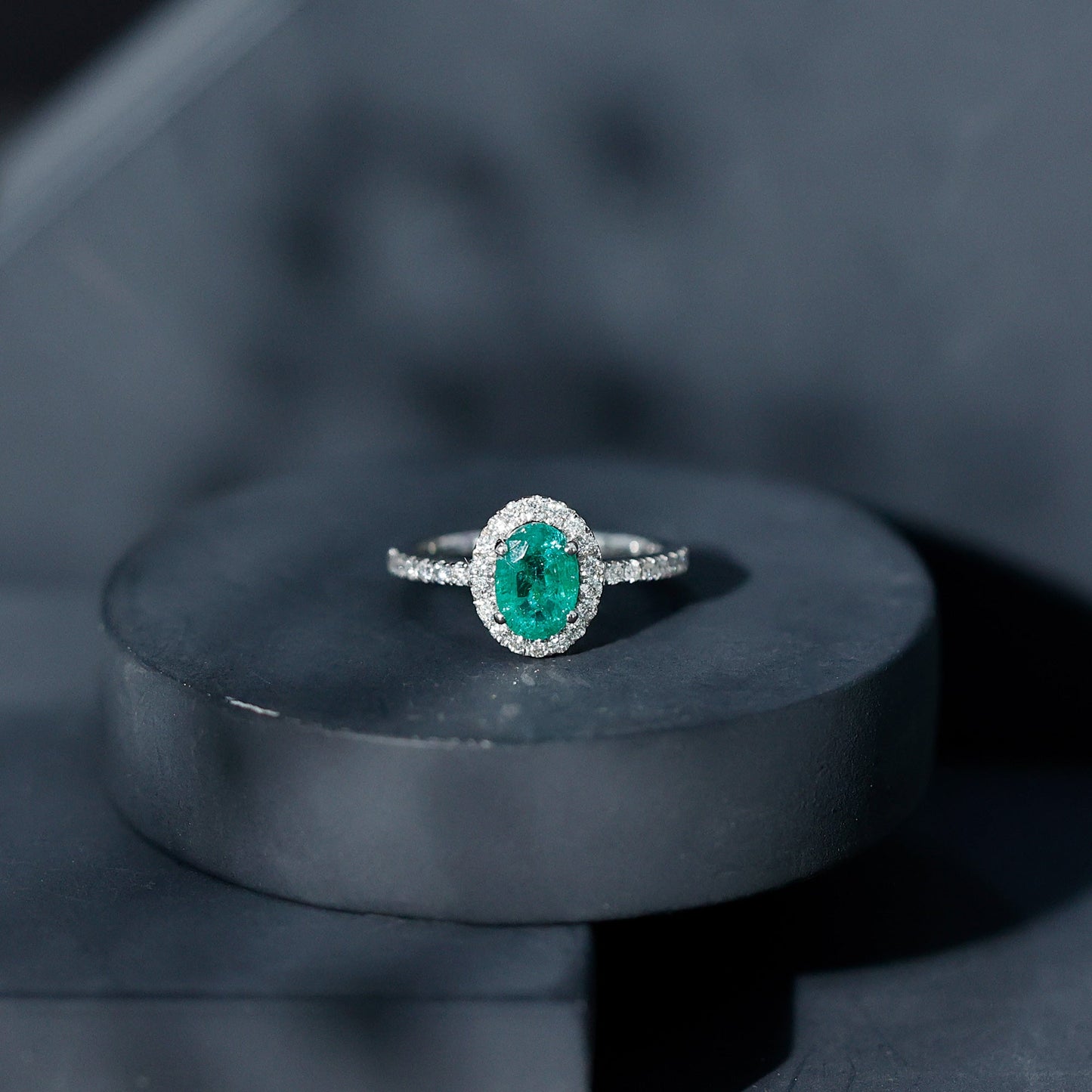 Real 0.7 Carat Oval Emerald Engagement Ring with Diamond Halo