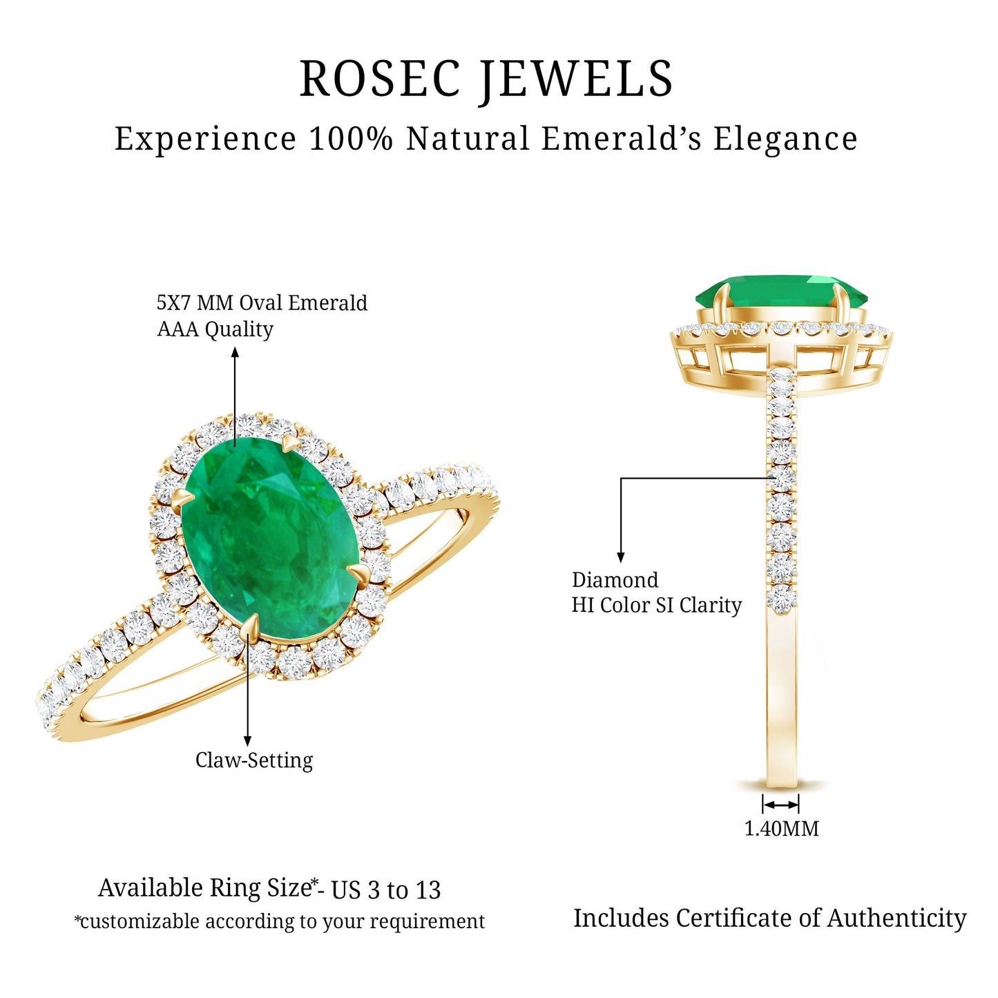 Real 0.7 Carat Oval Emerald Engagement Ring with Diamond Halo