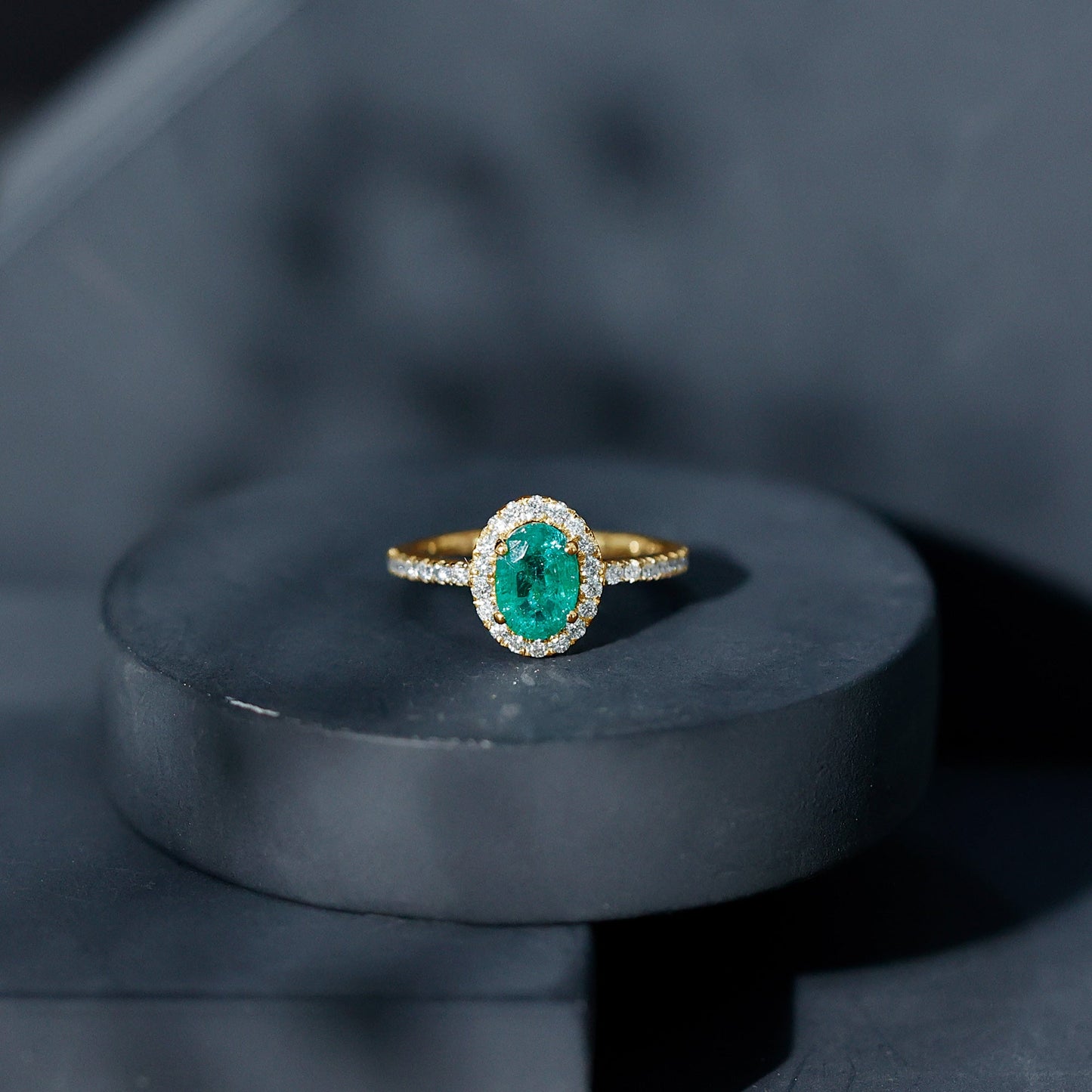 Real 0.7 Carat Oval Emerald Engagement Ring with Diamond Halo