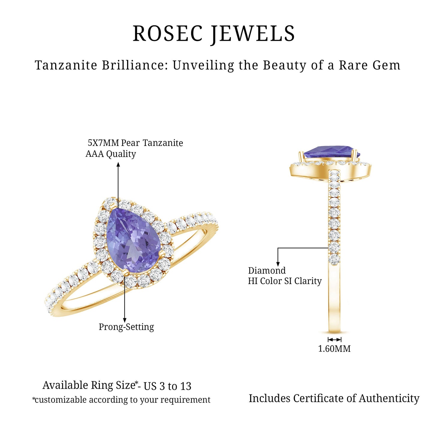 Real Pear Shape Tanzanite Teardrop Engagement Ring with Diamond Halo