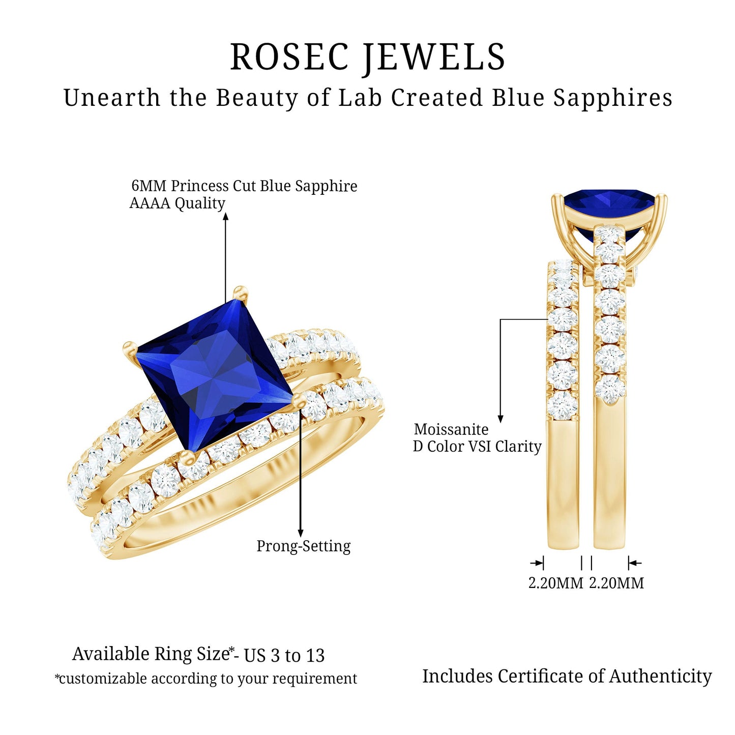 Certified Lab Grown Blue Sapphire Princess Cut Engagement Ring Set with Moissanite