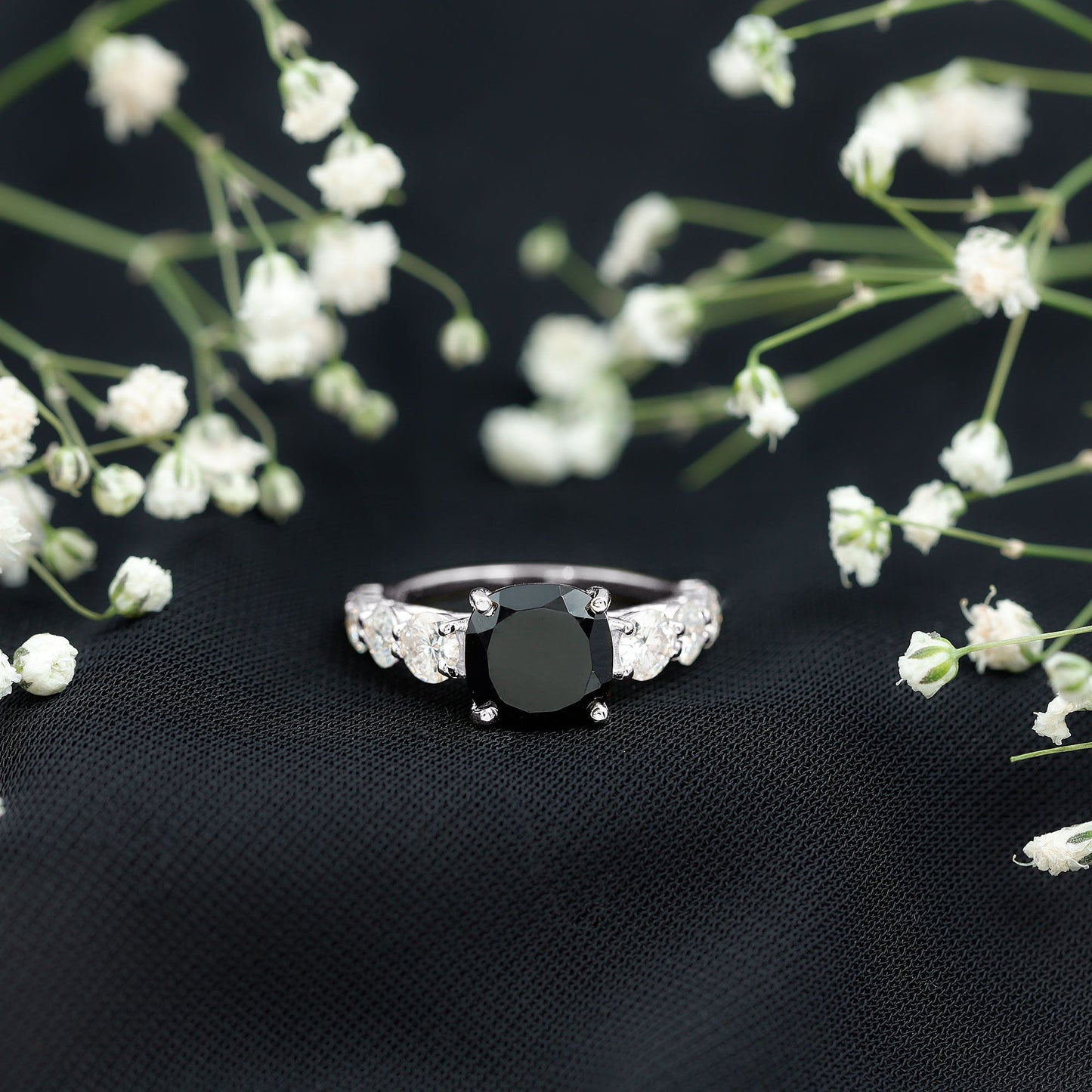 Certified 2.8 Carat Lab Grown Black Diamond Cushion Cut Engagement Ring with Side Stones