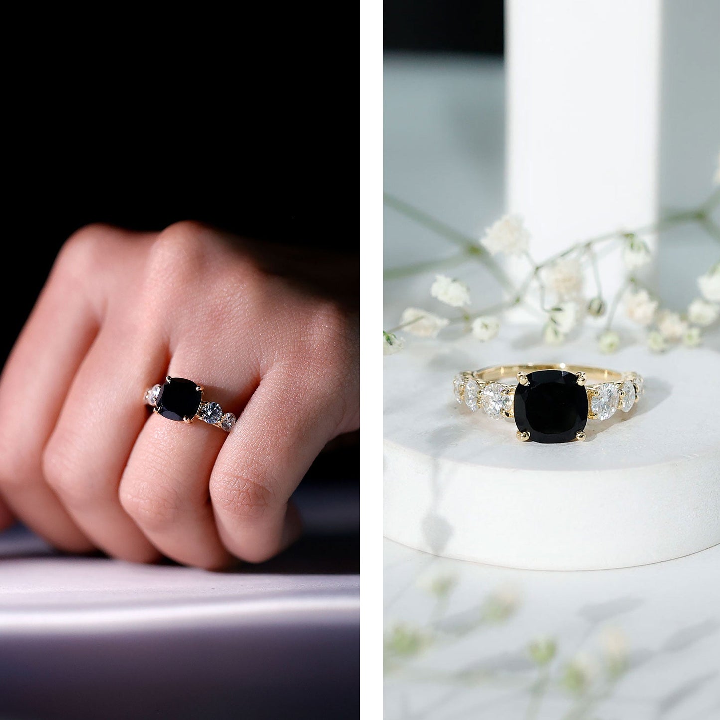 Certified 2.8 Carat Lab Grown Black Diamond Cushion Cut Engagement Ring with Side Stones