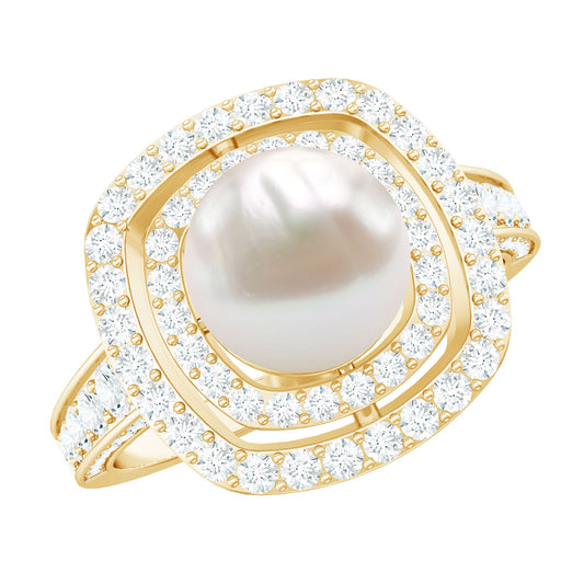 Cultured 3 Carat Freshwater Pearl Double Halo Engagement Ring with Moissanite