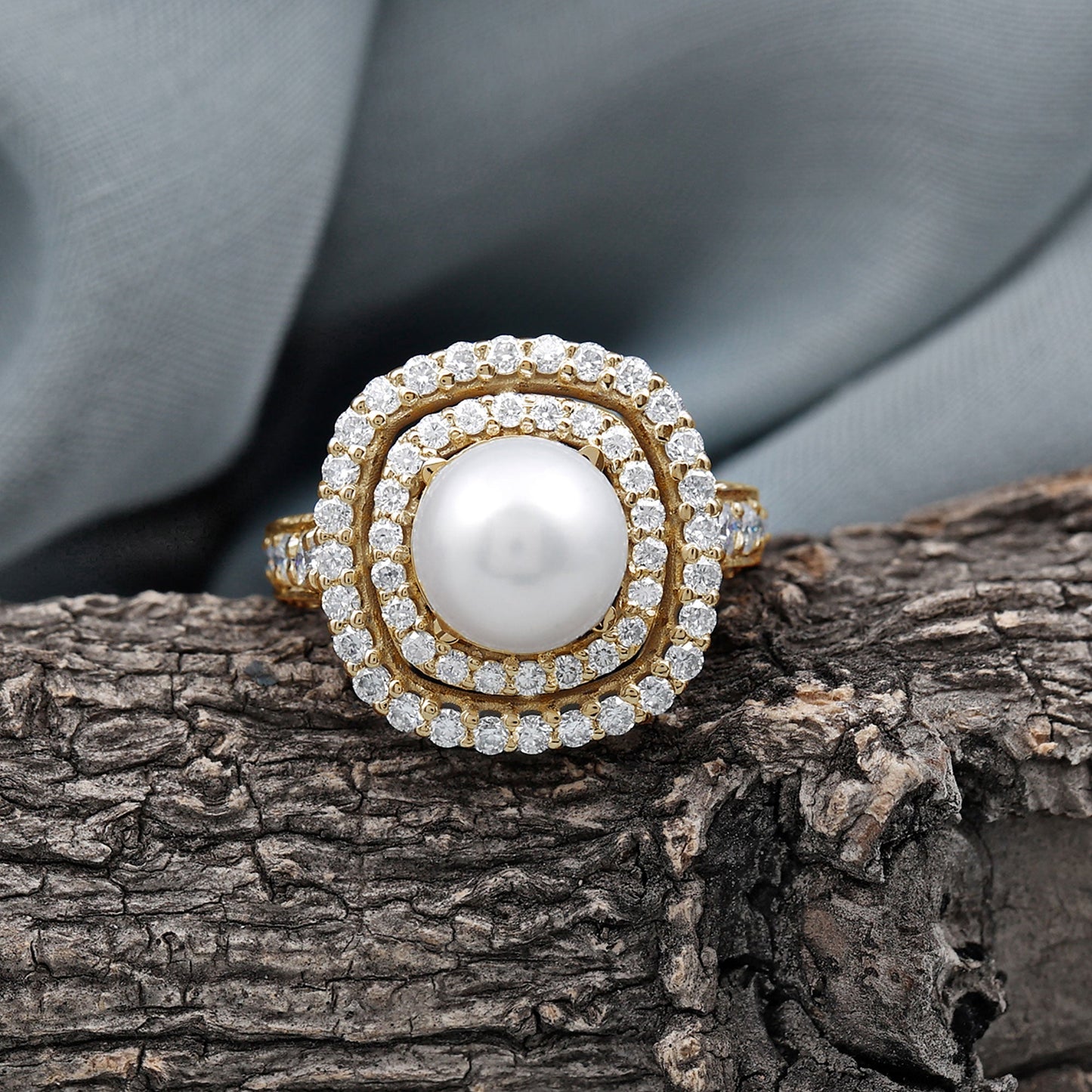Cultured 3 Carat Freshwater Pearl Double Halo Engagement Ring with Moissanite