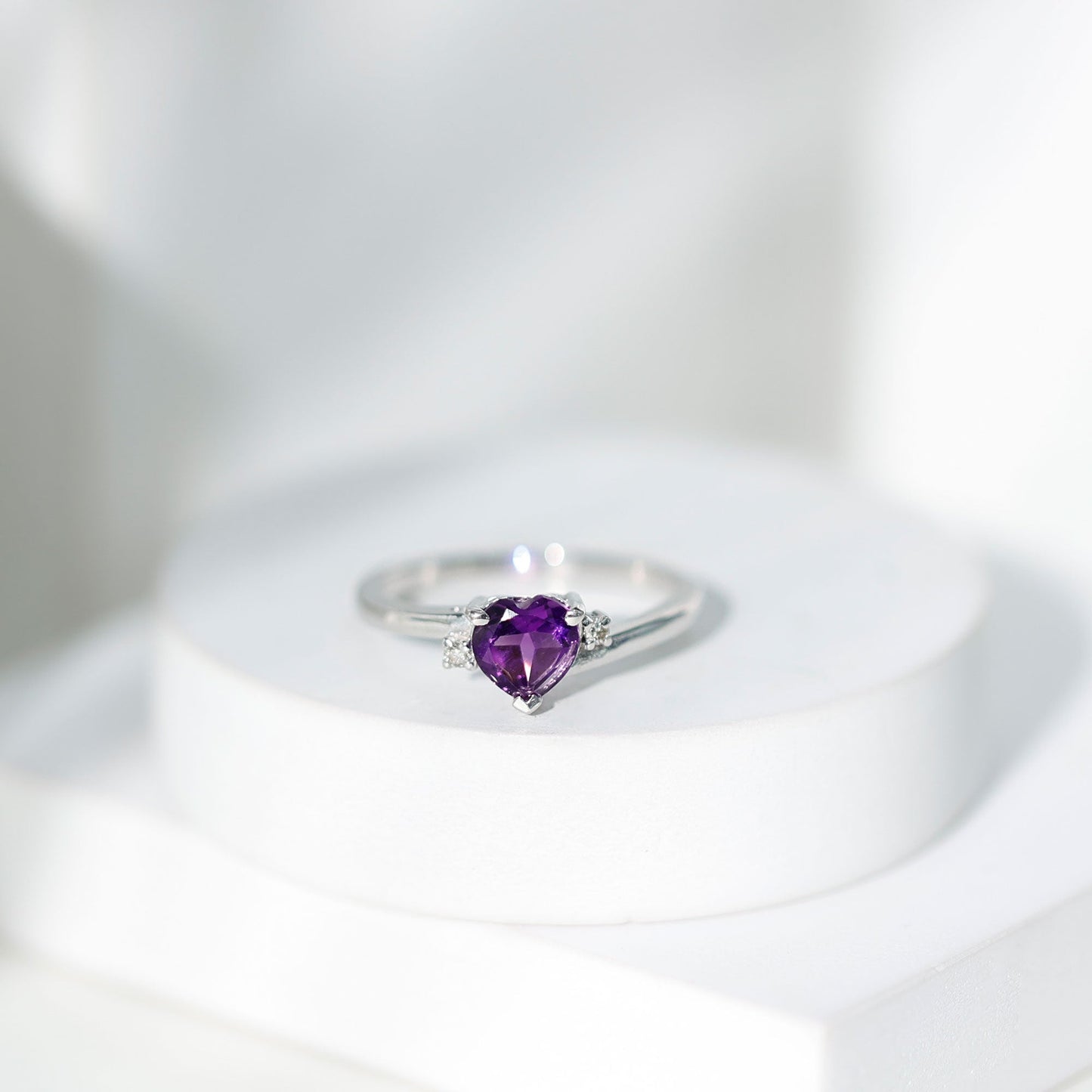 Real 0.9 Carat Amethyst Heart Engagement Ring with Diamond