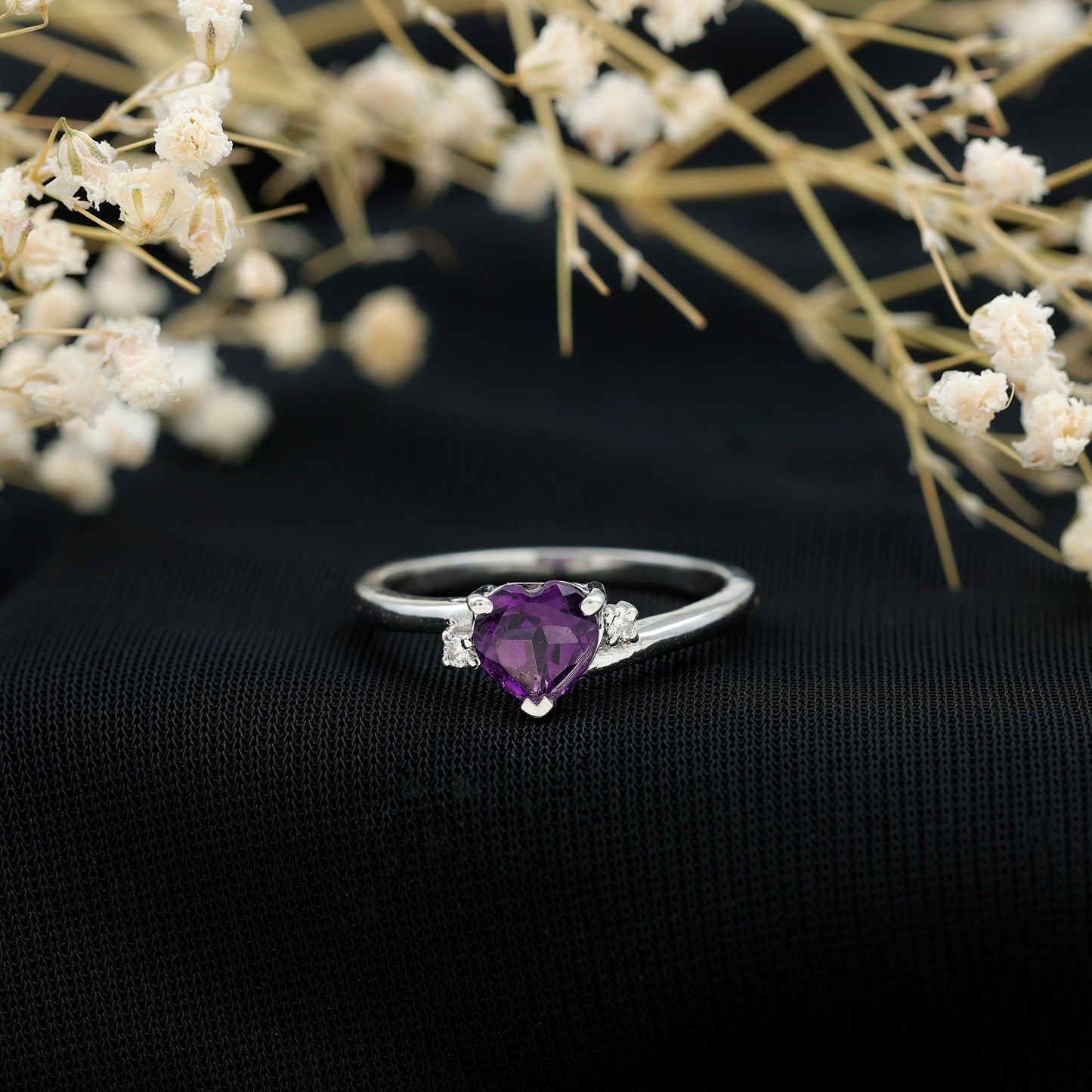 Real 0.9 Carat Amethyst Heart Engagement Ring with Diamond