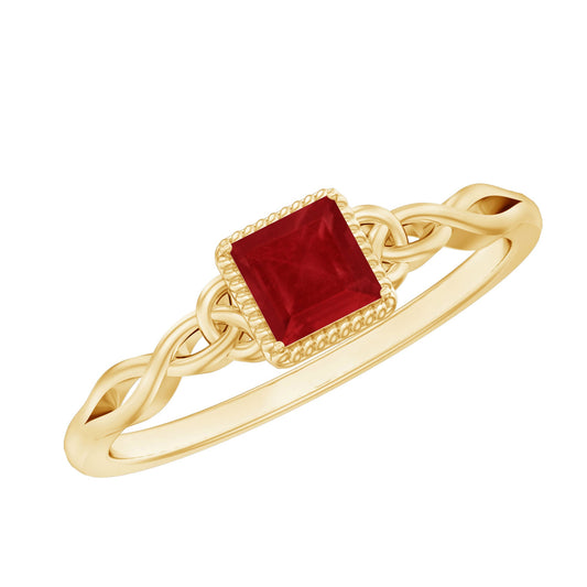 Real Princess Cut Ruby Promise Ring with Celtic Knot