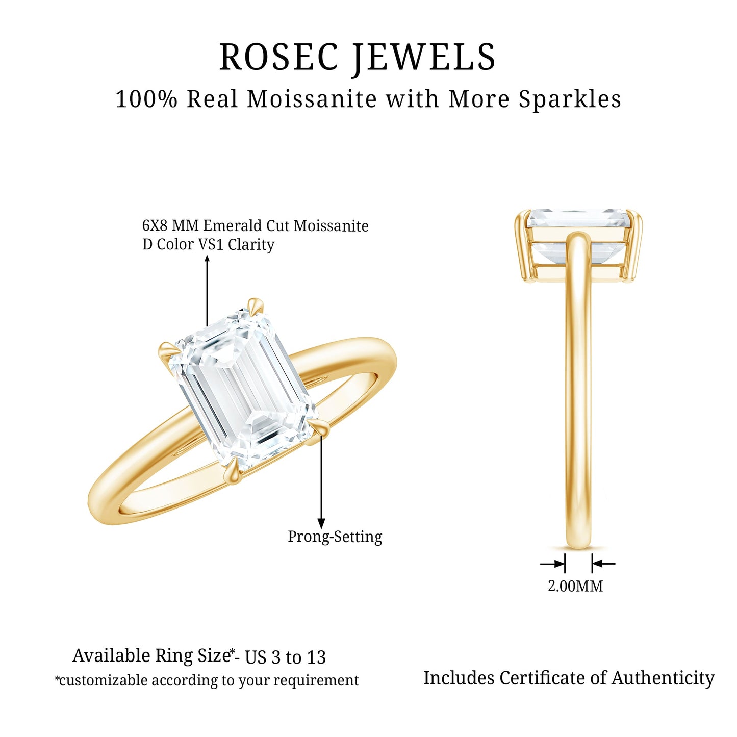 Certified 1.8 Carat Moissanite Emerald Cut Engagement Ring