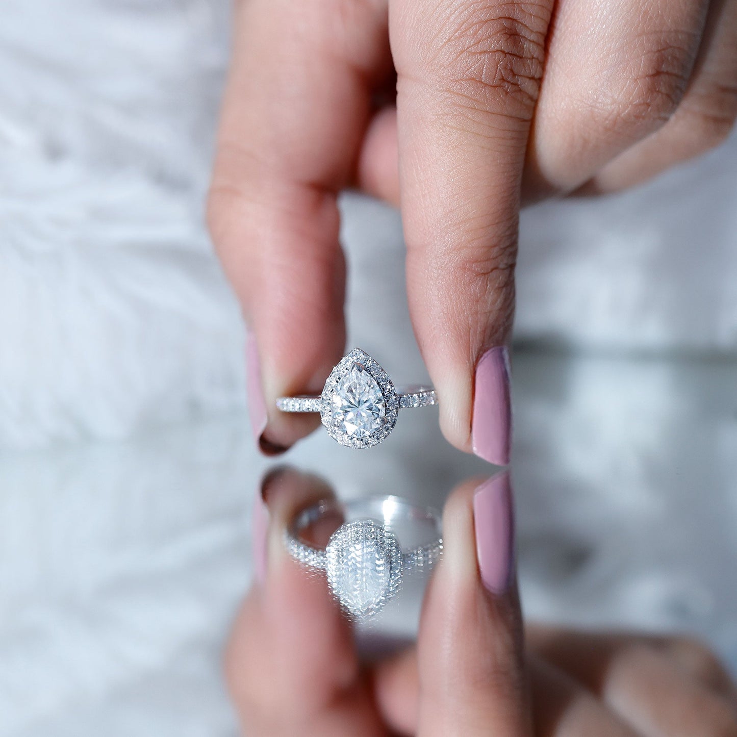 Pear Shape Moissanite Halo Engagement Ring for Women