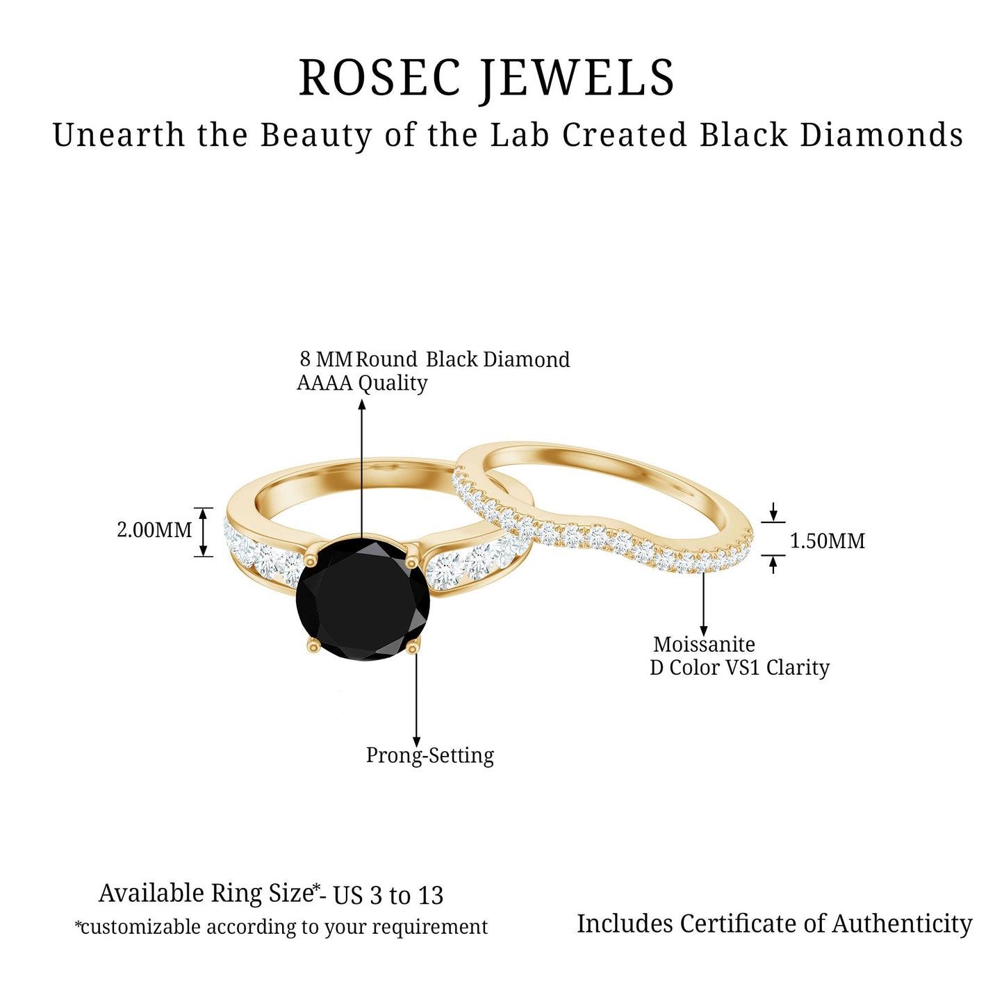 2 Carat Lab Grown Black Diamond Engagement Ring with Moissanite Enhancer