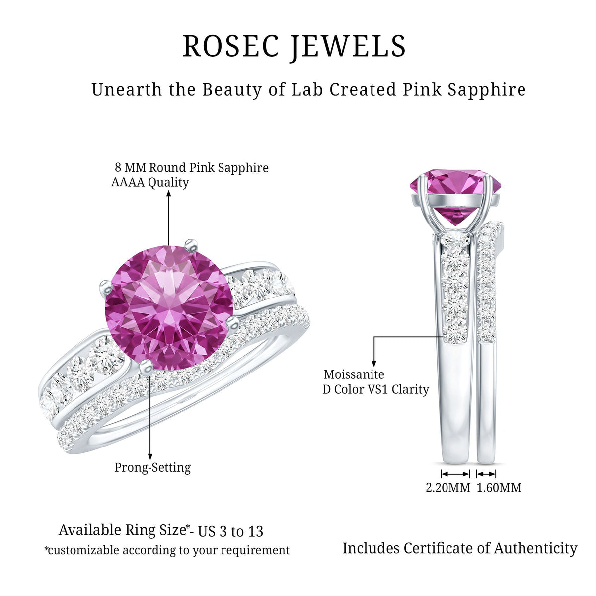 2.25 Carat Lab Grown Pink Sapphire Solitaire Bridal Ring Set