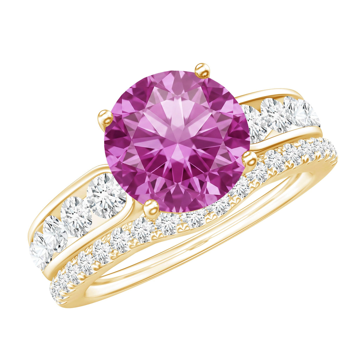 2.25 Carat Lab Grown Pink Sapphire Solitaire Bridal Ring Set