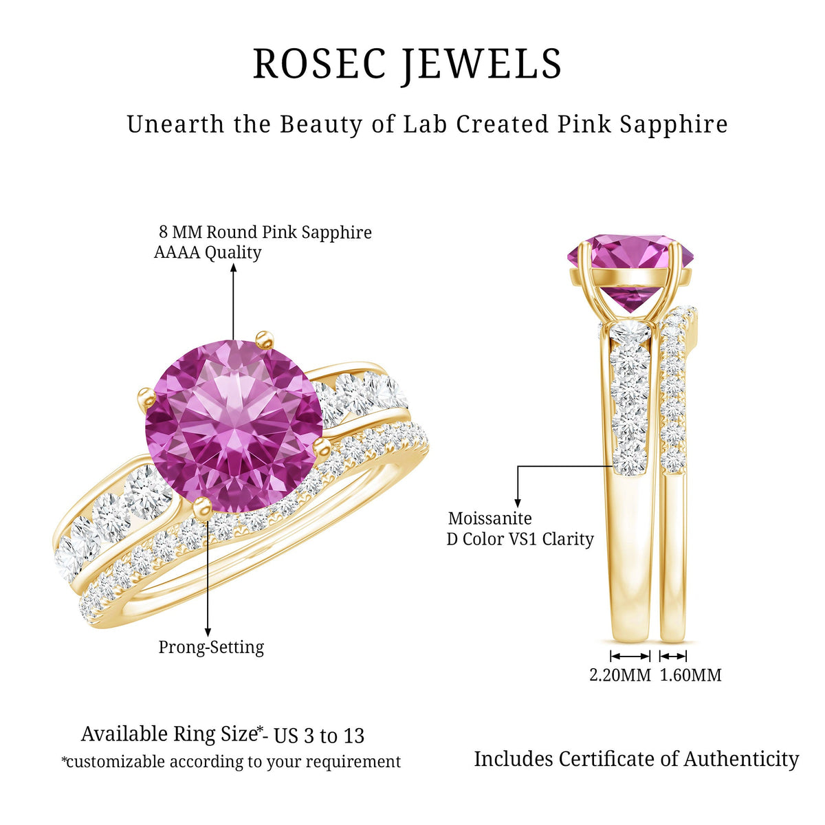 2.25 Carat Lab Grown Pink Sapphire Solitaire Bridal Ring Set