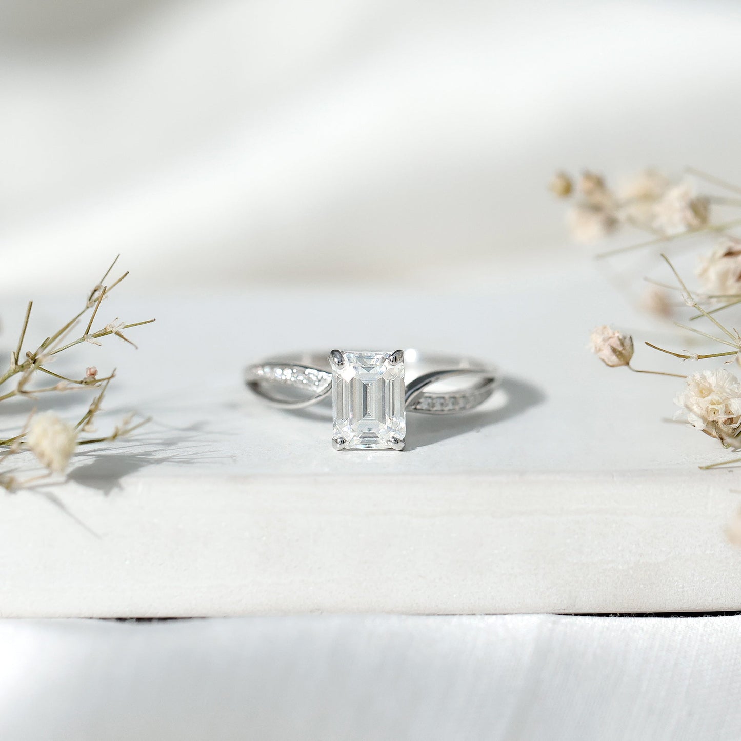 Certified 6X8 MM Emerald Cut Moissanite Infinity Engagement Ring