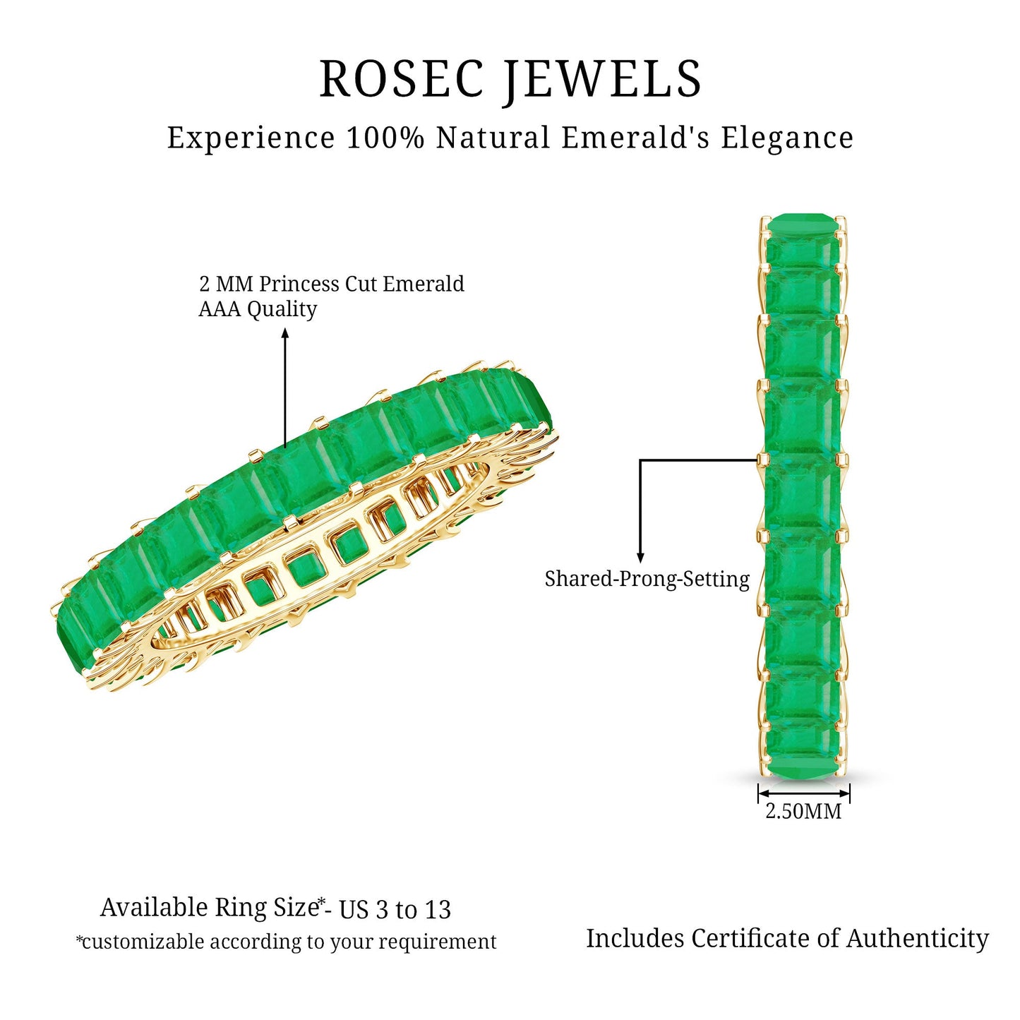 Princess Cut Natural Emerald Eternity Wedding Band
