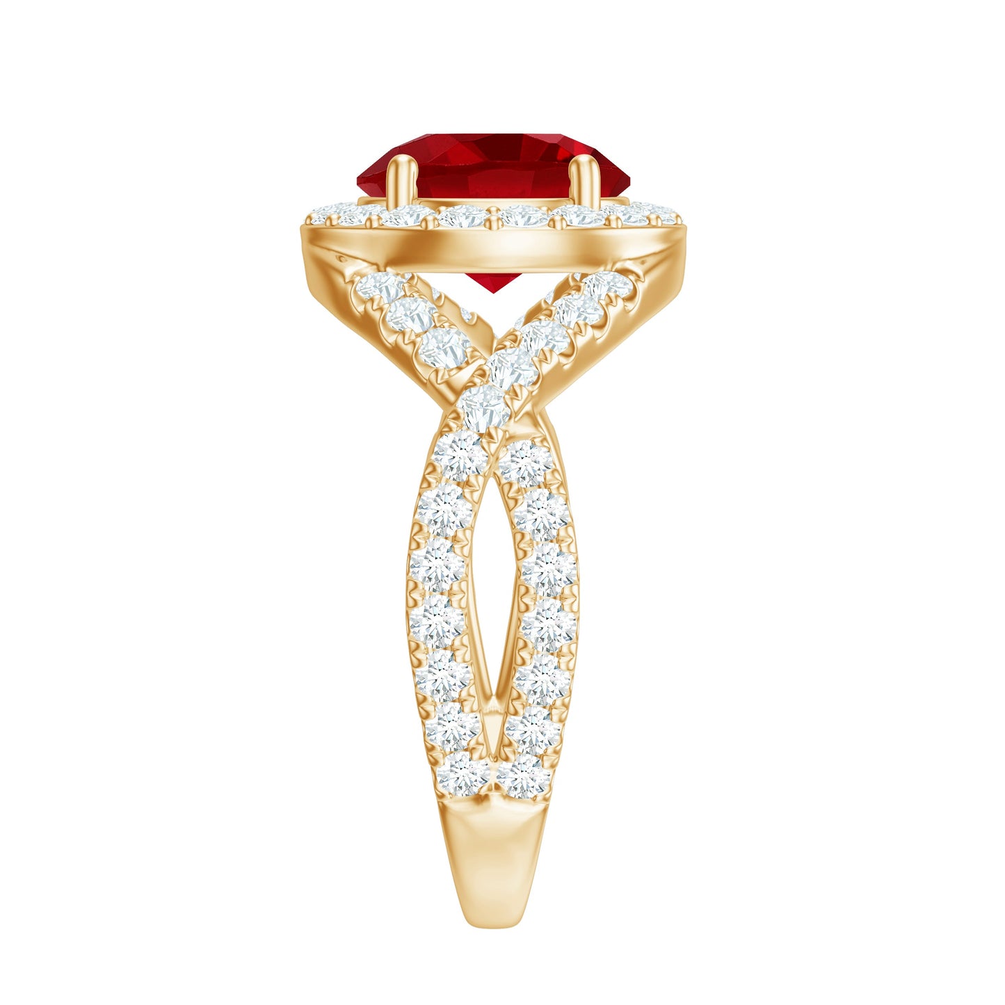 Round Created Ruby Crossover Engagement Ring With Moissanite