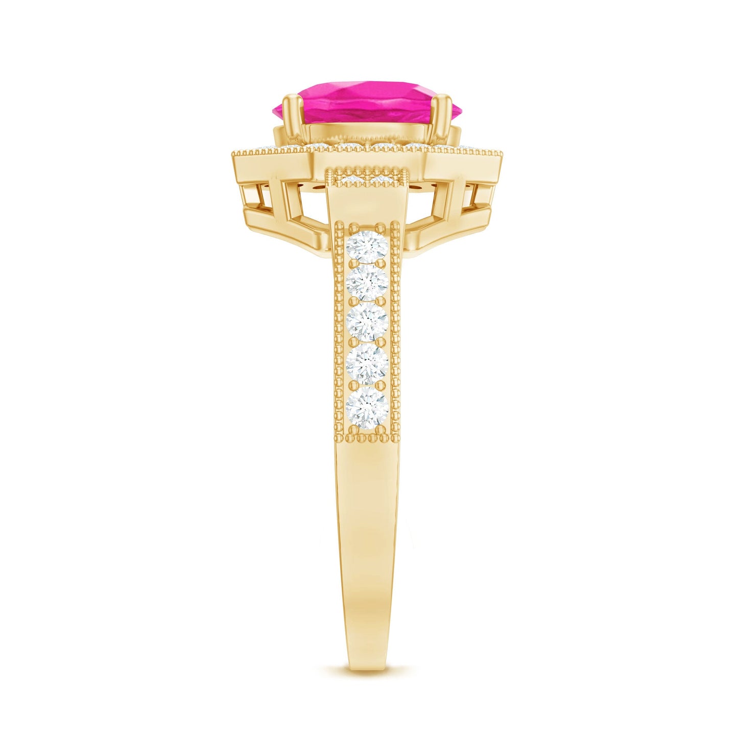 Lab Created Pink Sapphire Vintage Engagement Ring with Diamond Halo