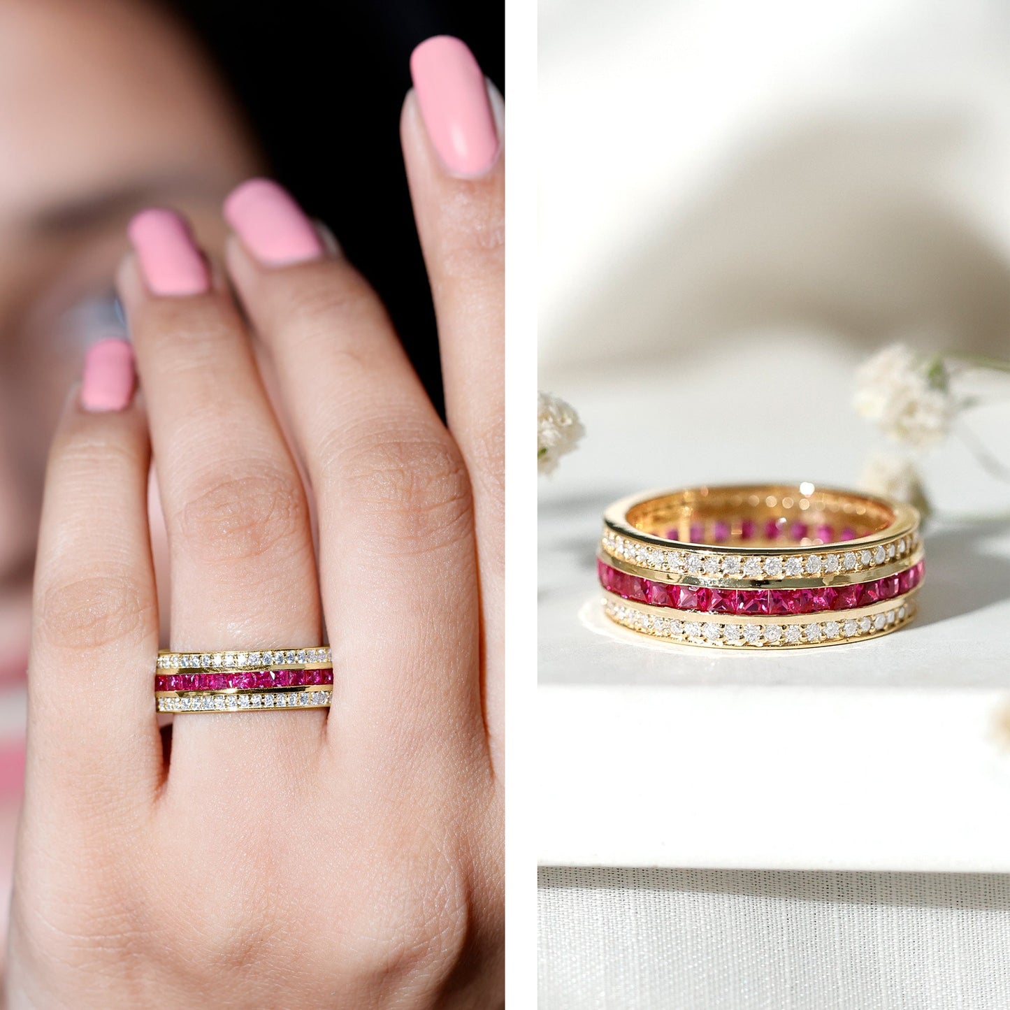 Lab Created Ruby Three Row Wedding Band for Women