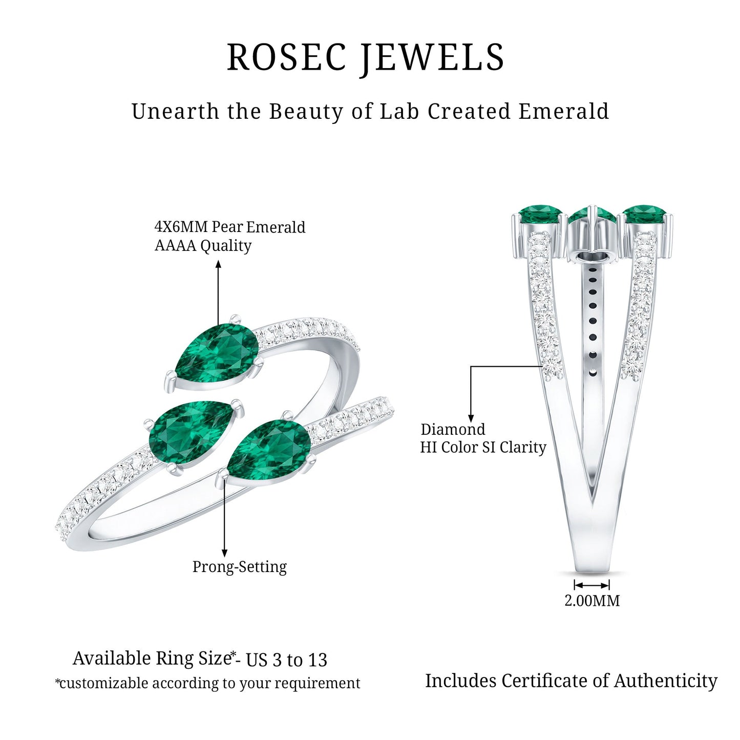 Certified Pear Shape Lab Grown Emerald Diamond Cocktail Ring
