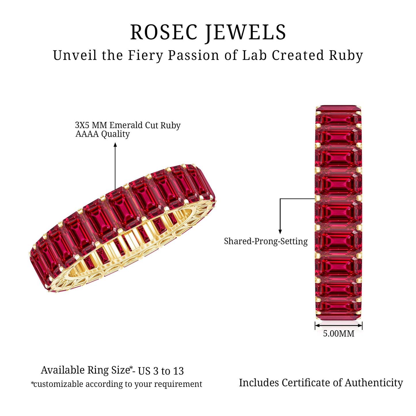 Emerald Cut Lab Grown Ruby Full Eternity Wide Band Ring