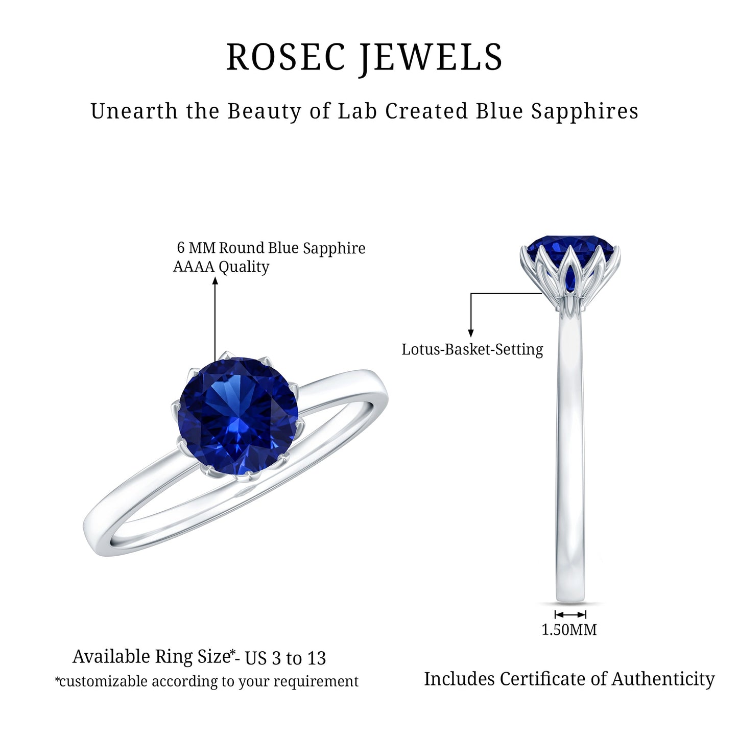 Certified 1 Carat Lab Grown Blue Sapphire Solitaire Engagement Ring