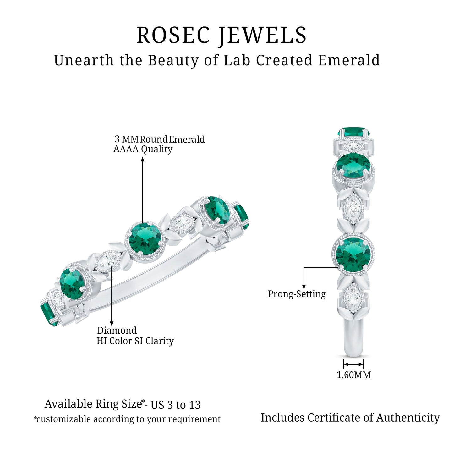 Nature Inspired Lab Grown Emerald Diamond Half Eternity Anniversary Ring