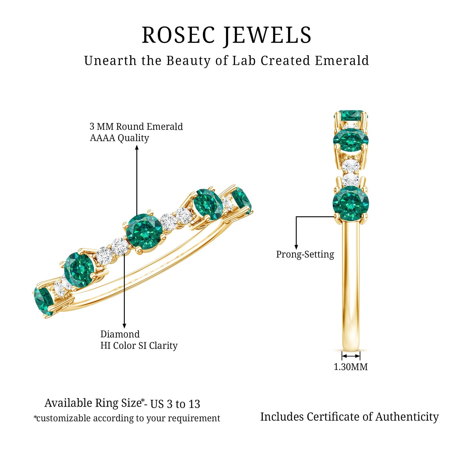 Certified Lab Grown Emerald Half Eternity Anniversary Ring with Diamond