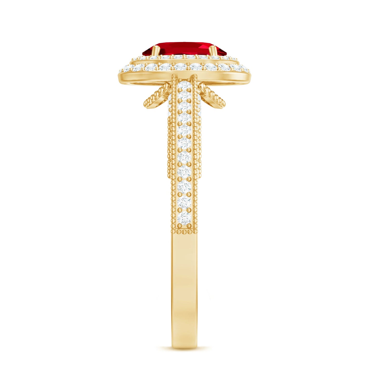 Oval Created Ruby Double Halo Engagement Ring with Diamond