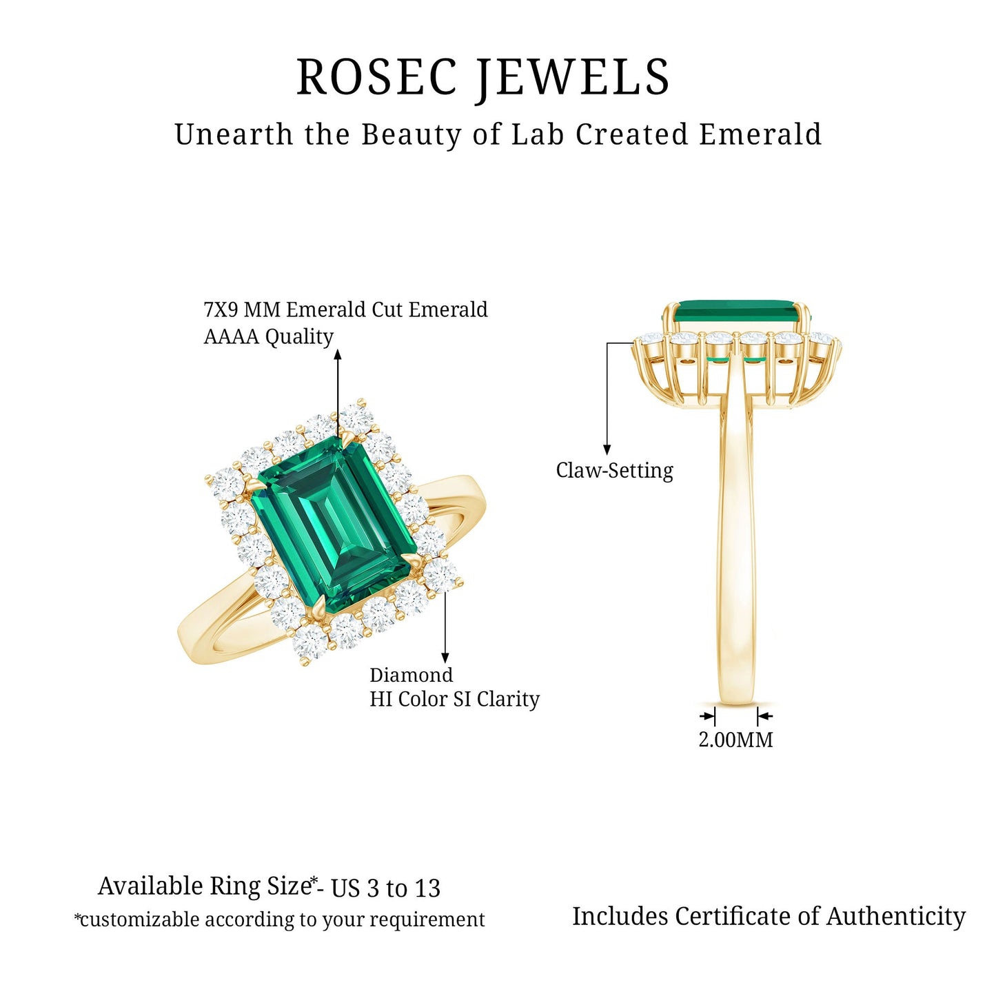 Lab Grown 2 Carat Emerald Cut Emerald Vintage Engagement Ring with Diamond Halo