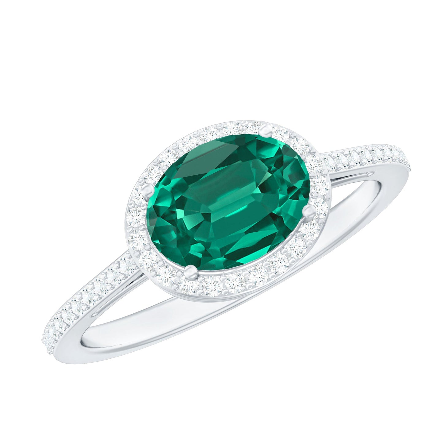Certified Oval Lab Grown Emerald East West Engagement Ring with Diamond Halo