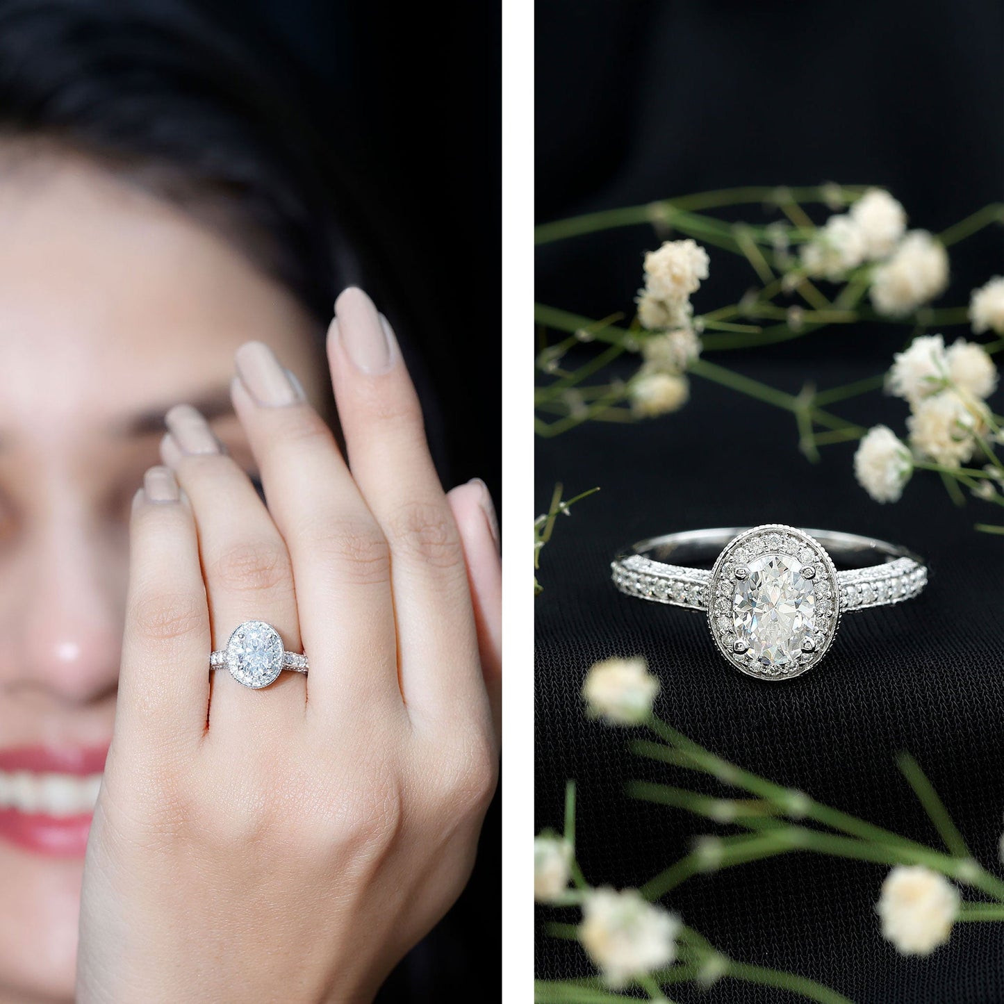 6X8 MM Oval Moissanite Victorian Engagement Ring with Halo