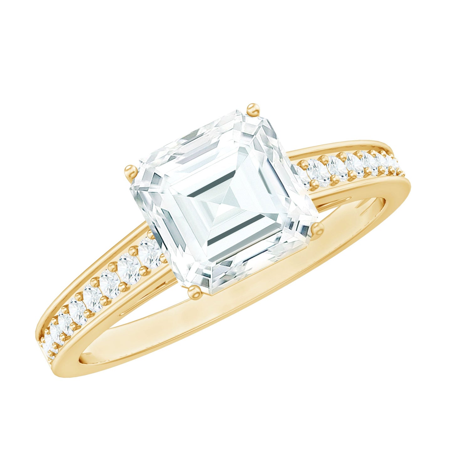 Asscher Cut 3 Carat Moissanite Solitaire Engagement Ring with Side Stones
