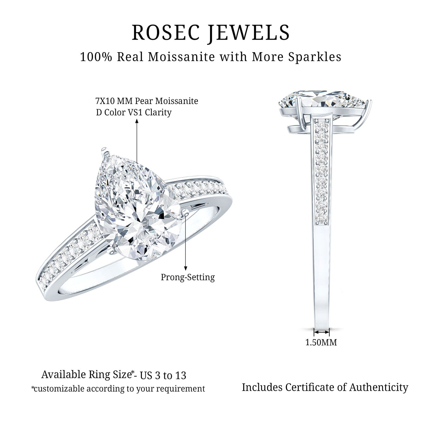Classic Pear Cut Moissanite Solitaire Engagement Ring With Side Stones