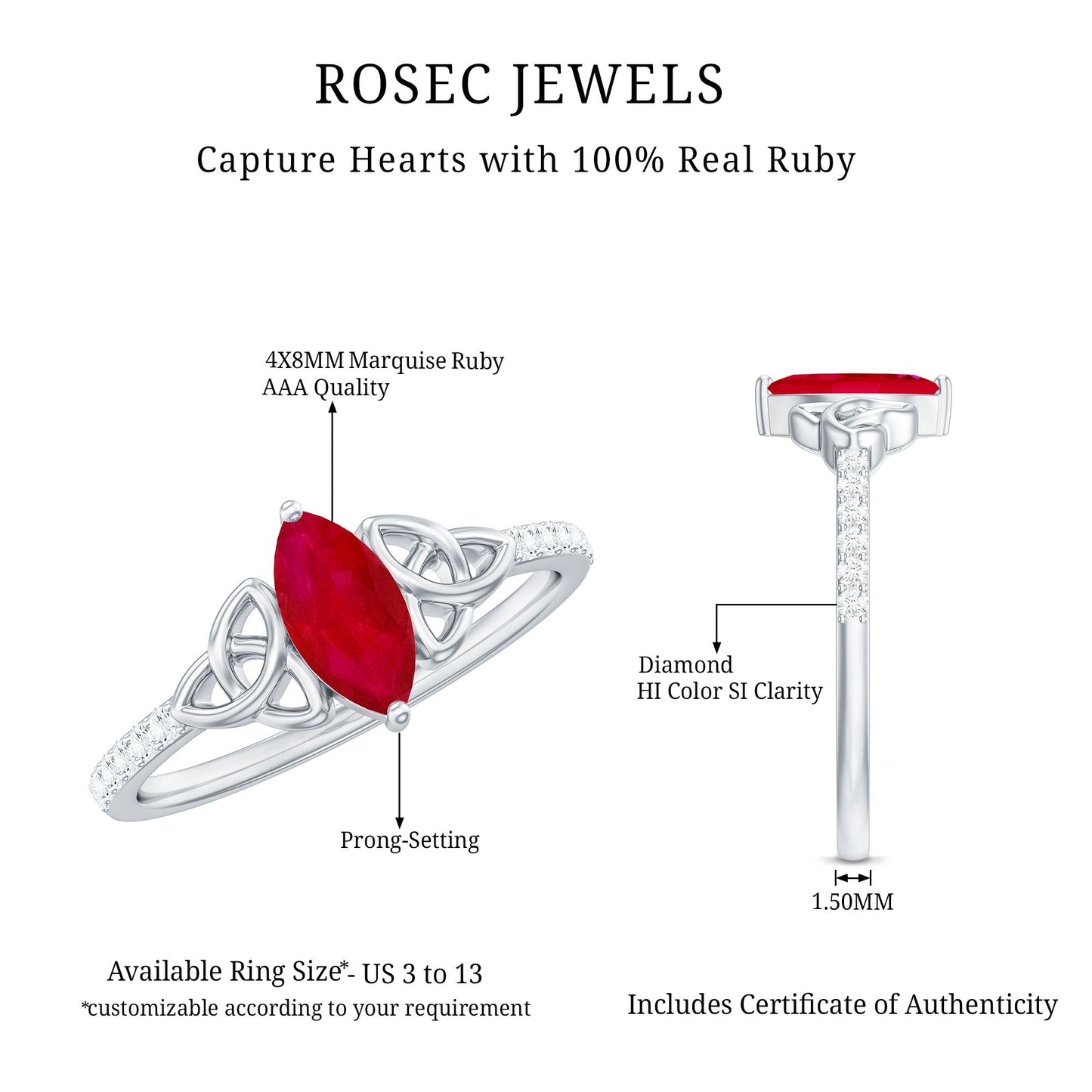 Natural 0.75 Carat Marquise Ruby Diamond Engagement Ring with Celtic Knot