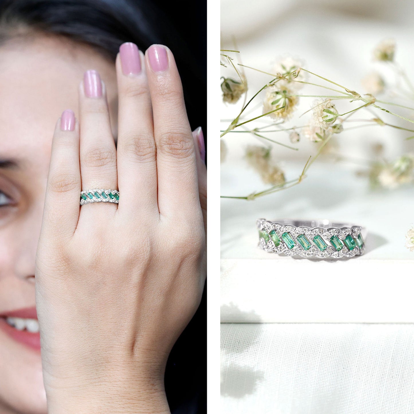 Baguette Emerald and Diamond Braided Half Eternity Band Ring