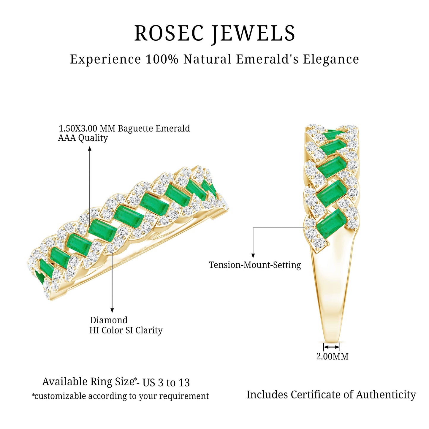 Baguette Emerald and Diamond Braided Half Eternity Band Ring
