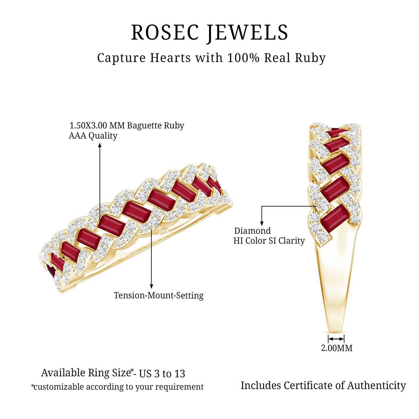 Natural Baguette Ruby Half Eternity Band with Diamond