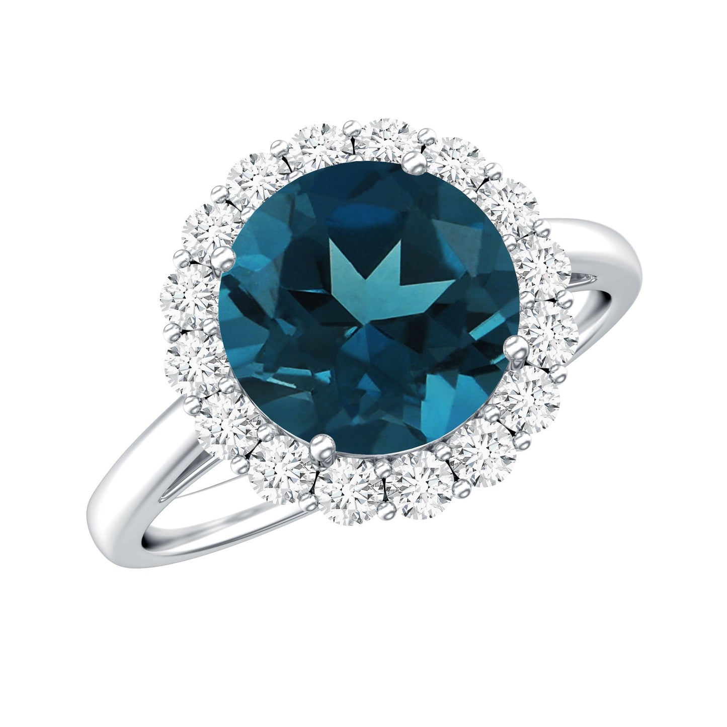 2 Carat Round London Blue Topaz Classic Engagement Ring with Diamond Halo