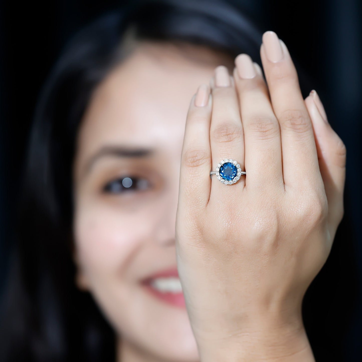 2 Carat Round London Blue Topaz Classic Engagement Ring with Diamond Halo