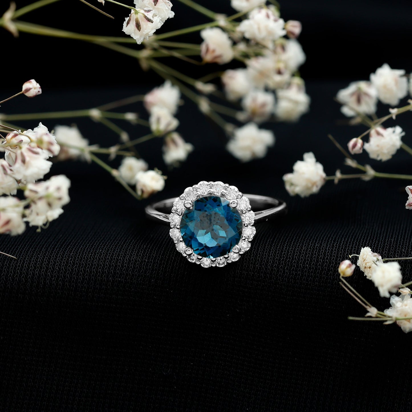 2 Carat Round London Blue Topaz Classic Engagement Ring with Diamond Halo