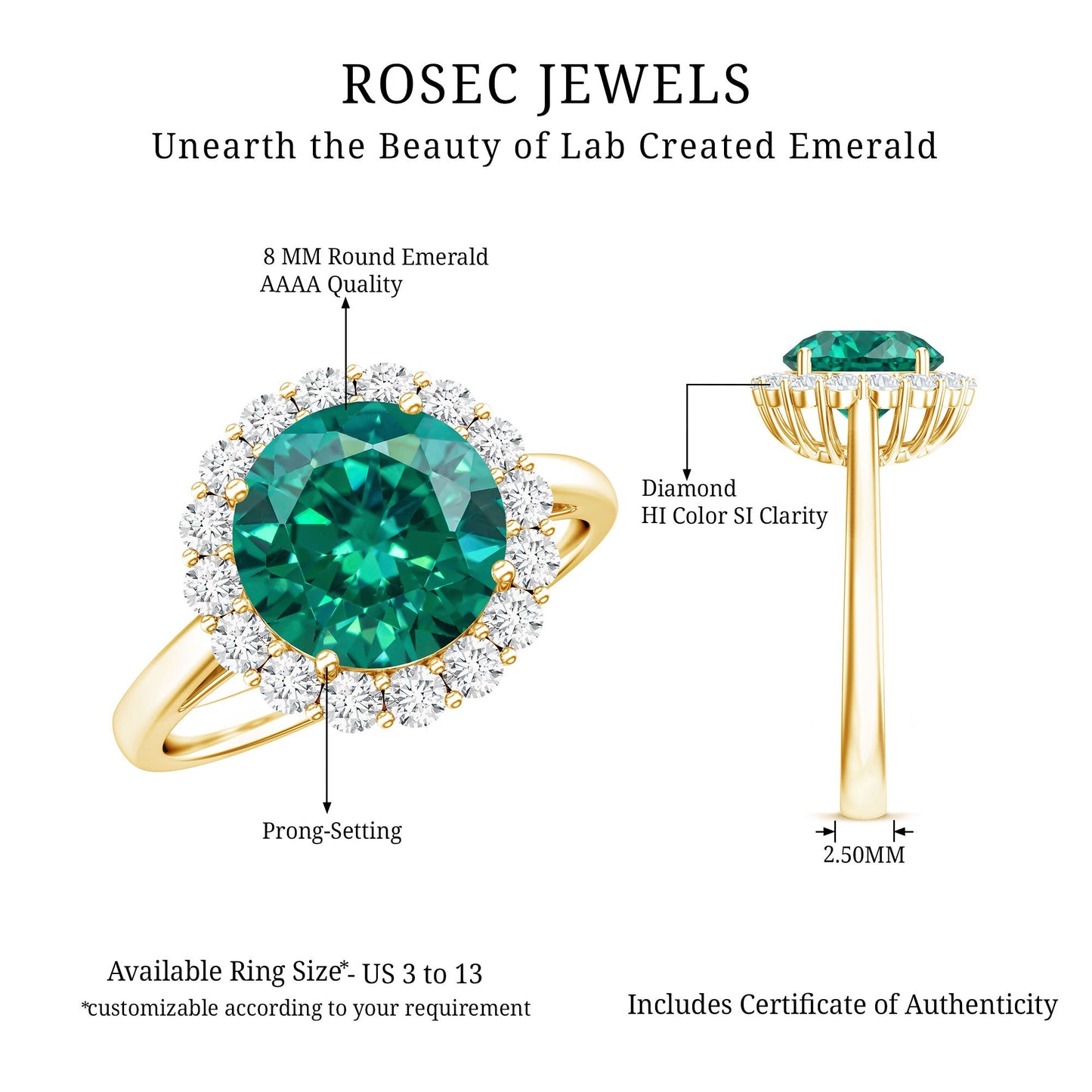 2 Carat Lab Grown Emerald Classic Engagement Ring with Diamond Halo