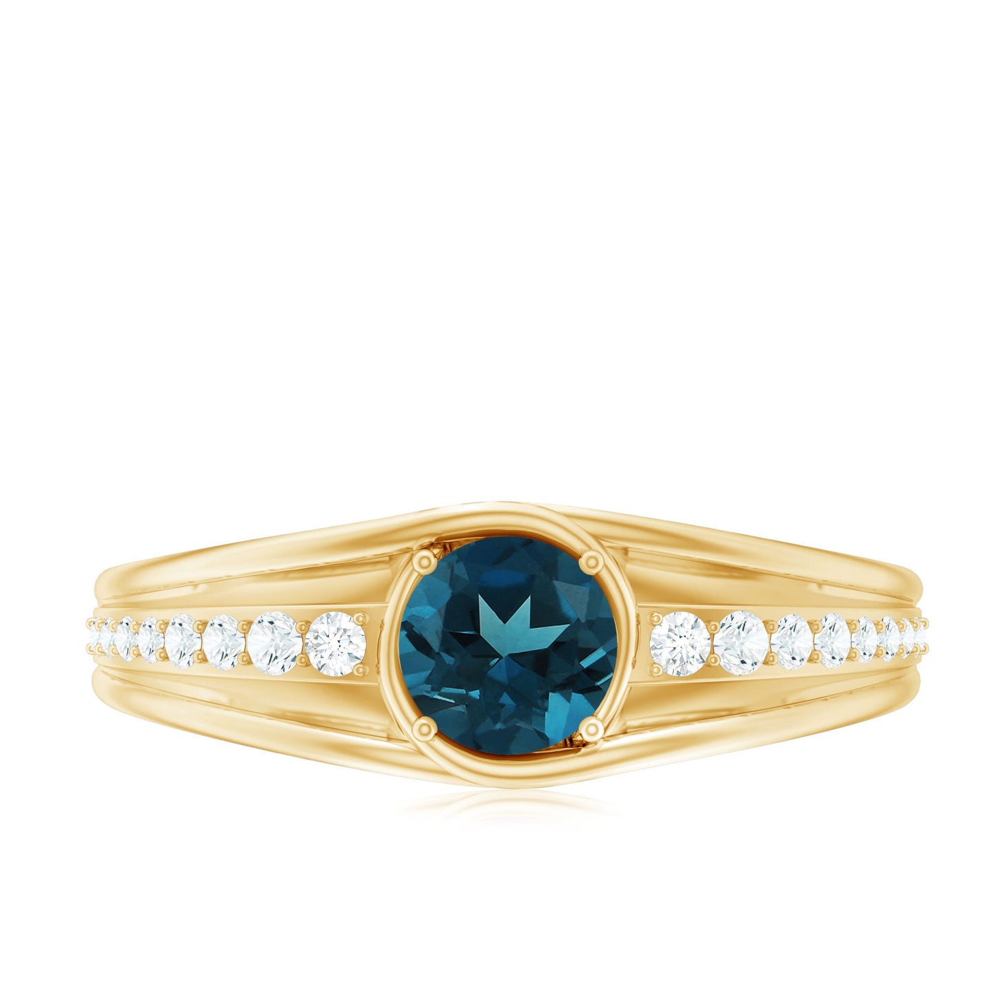 Genuine London Blue Topaz Engagement Ring with Diamond Side Stones