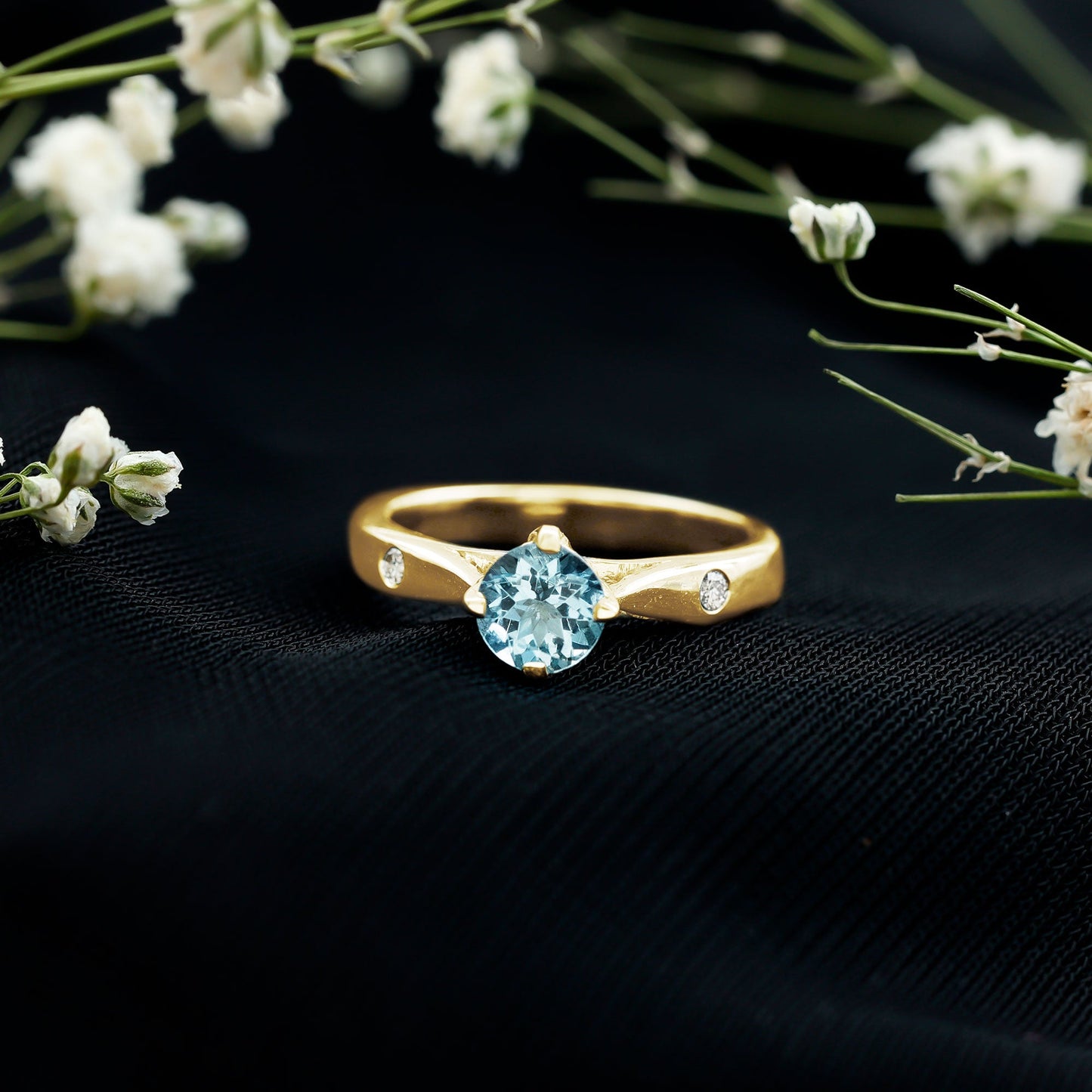 6 MM Certified Aquamarine Solitaire Promise Ring with Diamond