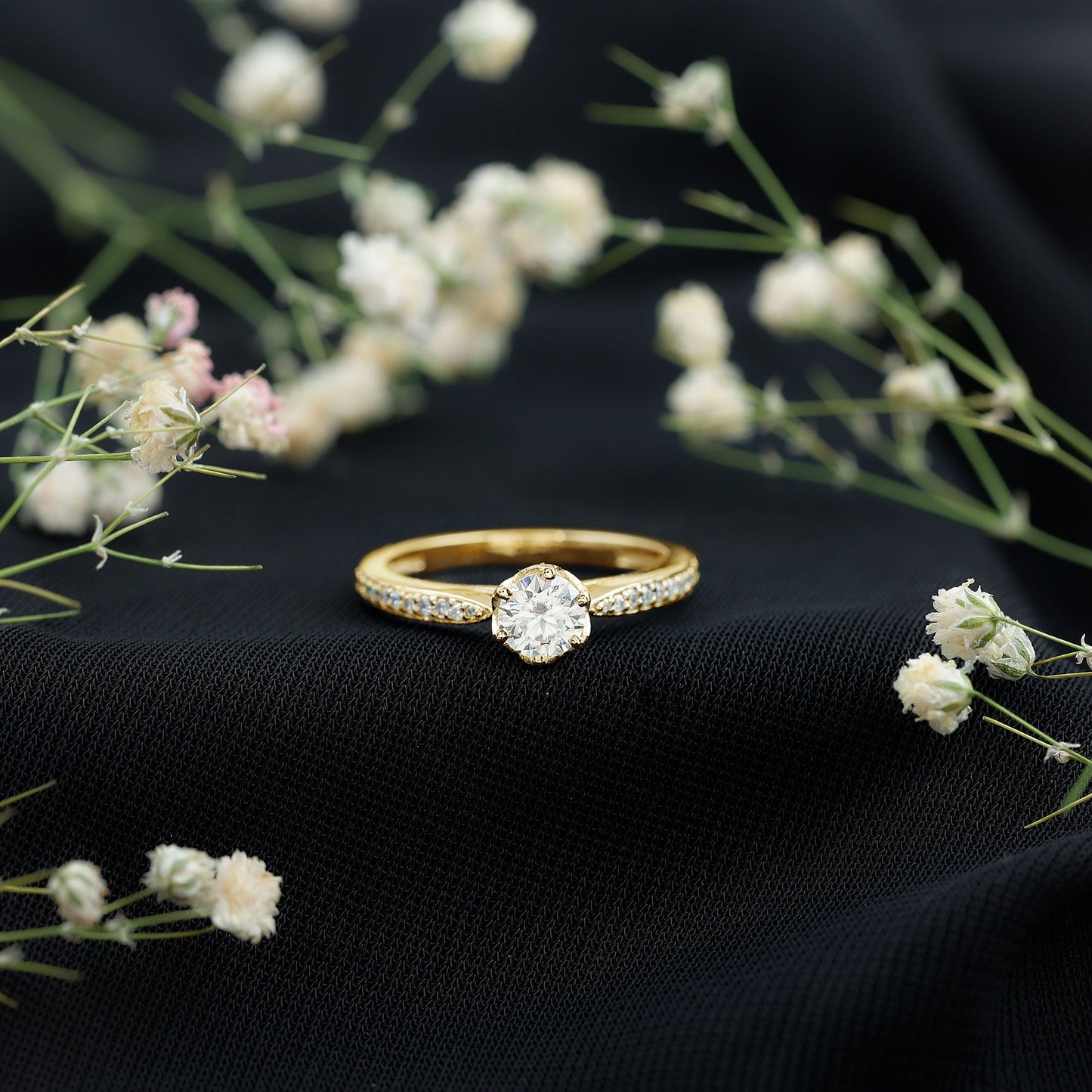Lotus Basket Set Moissanite Solitaire Engagement Ring for Women